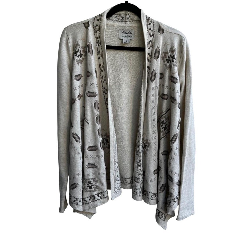Lucky Lotus Brand Women Beige Southwestern Embroidered Open Front Cardigan